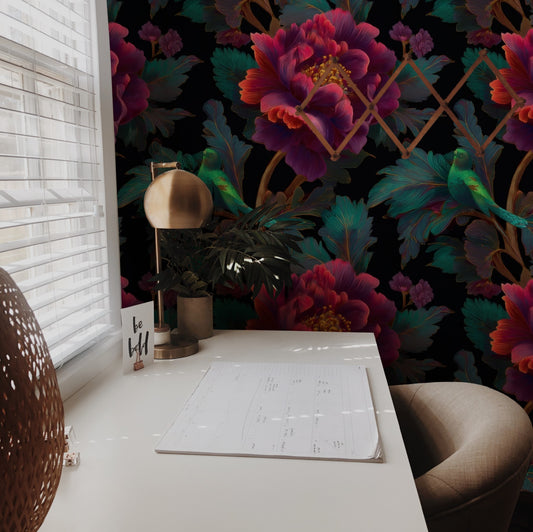 Emerald Peony large scale wallpaper in a styled room