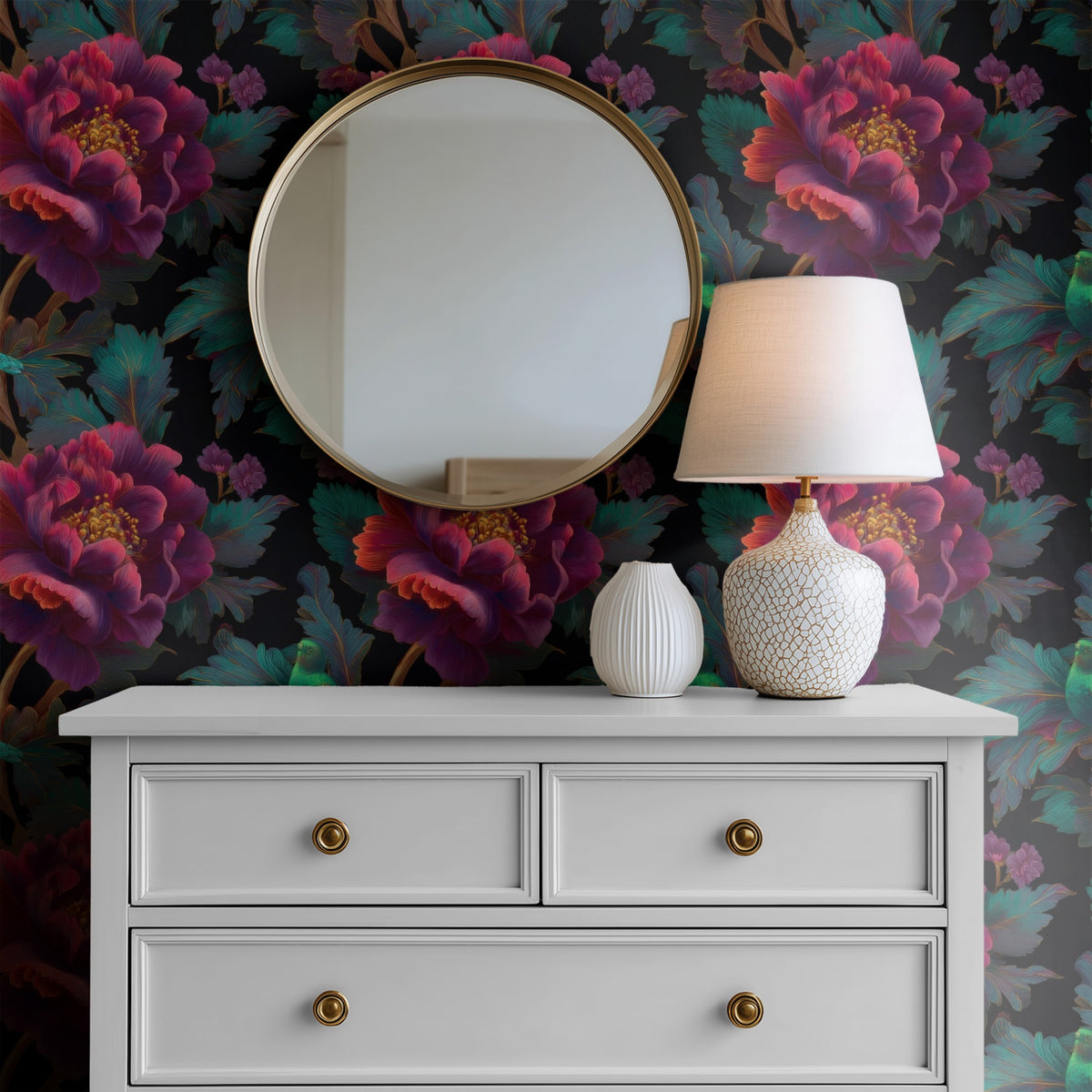 Emerald Peony large scale wallpaper in a styled room