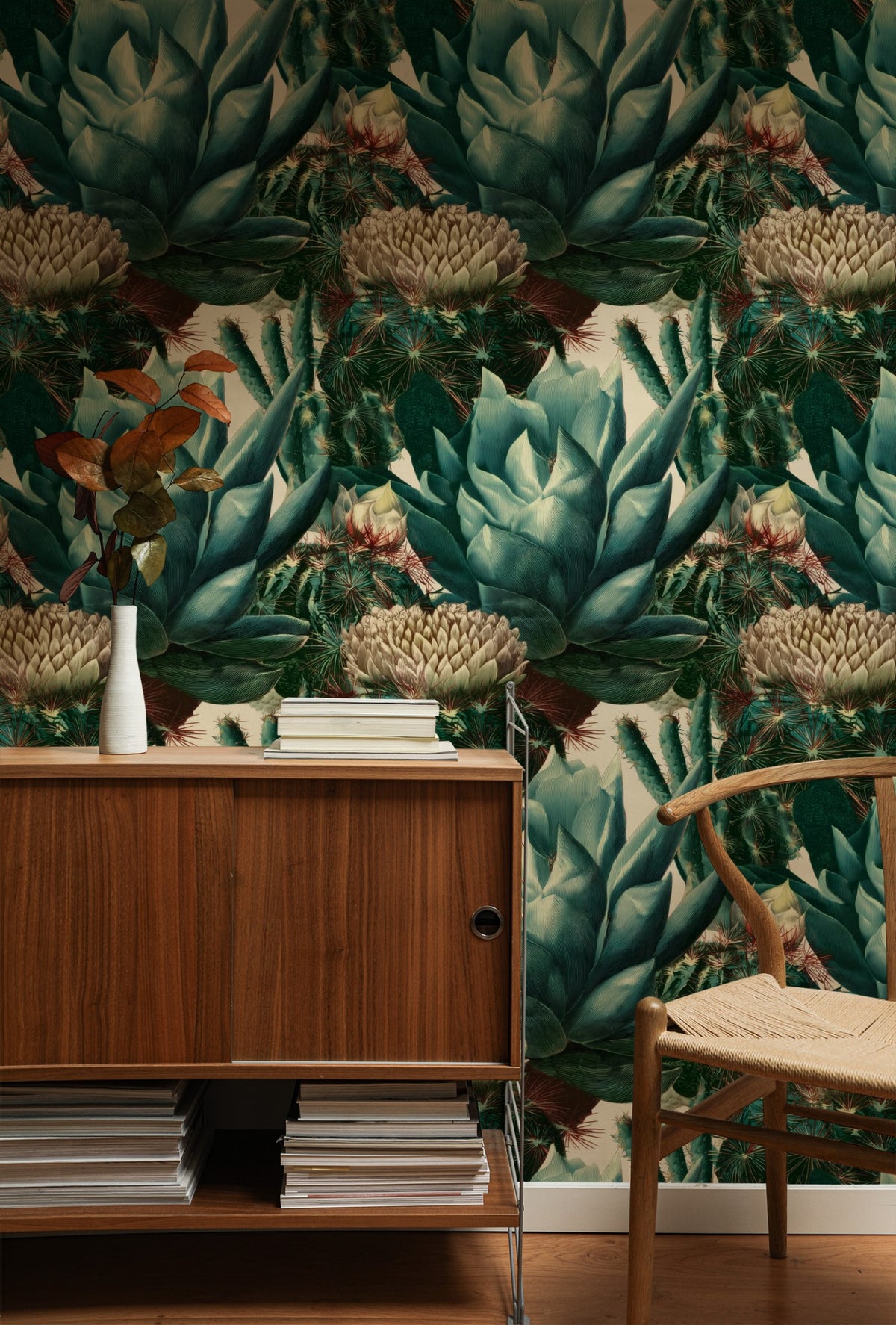 Engraved Succulent large scale wallpaper in a styled room