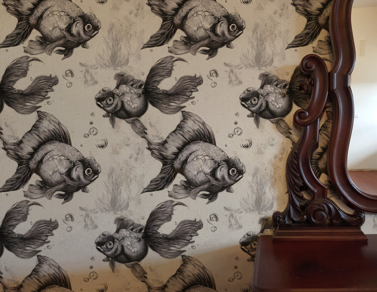 Etched Goldfish large scale wallpaper in a styled room