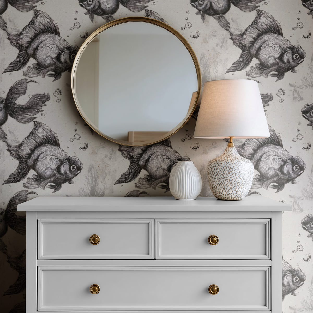 Etched Goldfish large scale wallpaper in a styled room