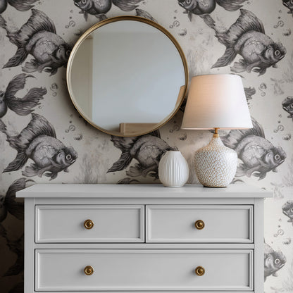Etched Goldfish large scale wallpaper in a styled room