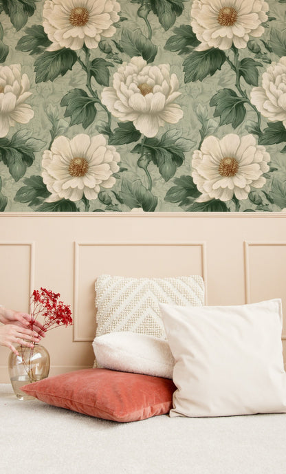 Etched Peony large scale wallpaper in a styled room