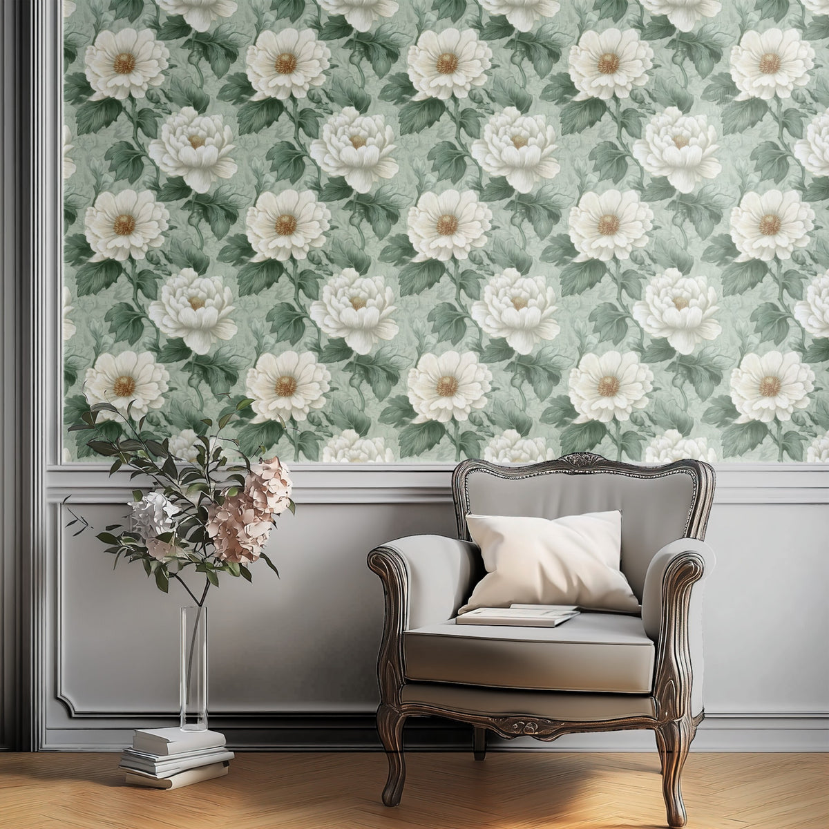 Etched Peony large scale wallpaper in a styled room