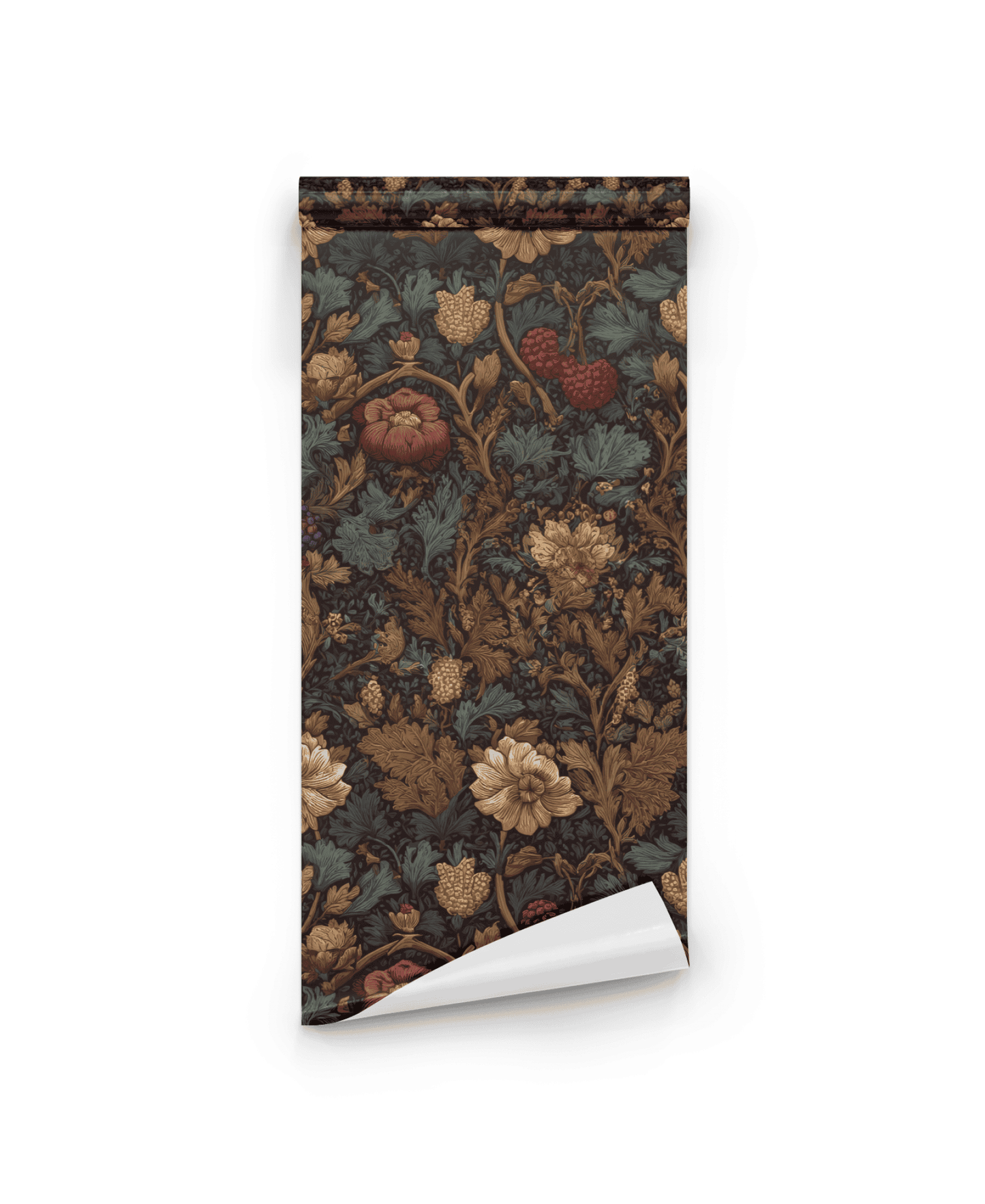 The Autumn Grove Wallpaper features a dark floral and foliage pattern in brown, beige, red, and green tones, evoking woodland tranquility and autumnal charm. Shown partially unrolled on a white background.