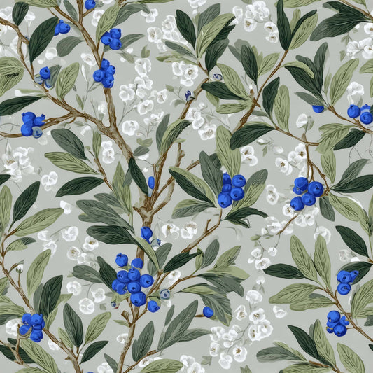 Wallpaper featuring vibrant blueberries and white blossoms on green foliage against a soft gray backdrop.