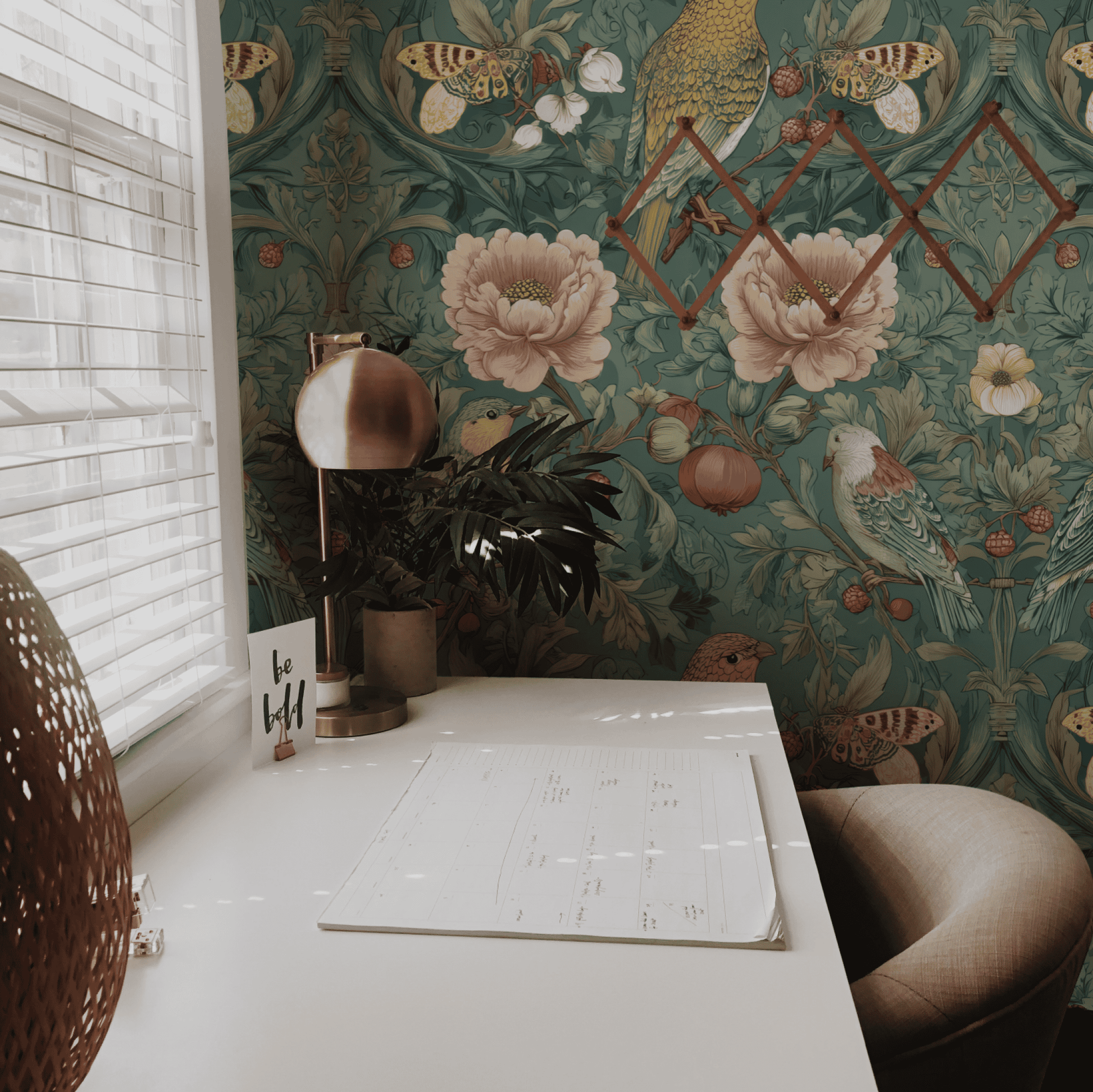 A white desk with a lamp, chair, notepad, and “be still” card sits by a window; the wall features vibrant birds on Verde Aviary Wallpaper with geometric mirrors—a true botanical escape.