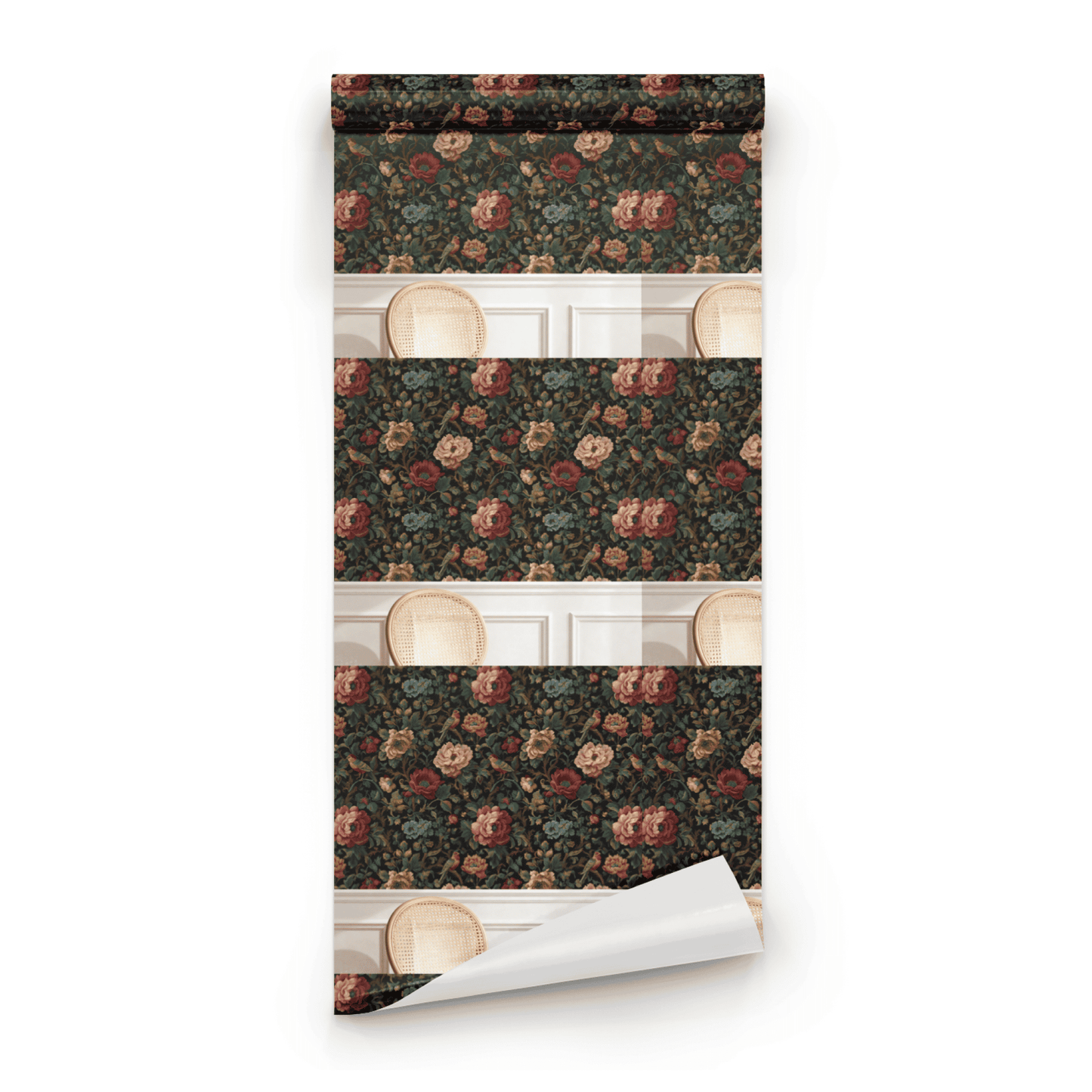 Black Floral Wallpaper roll close-up showing the bird-and-floral drawing in close deep black dark academia Victorian detail