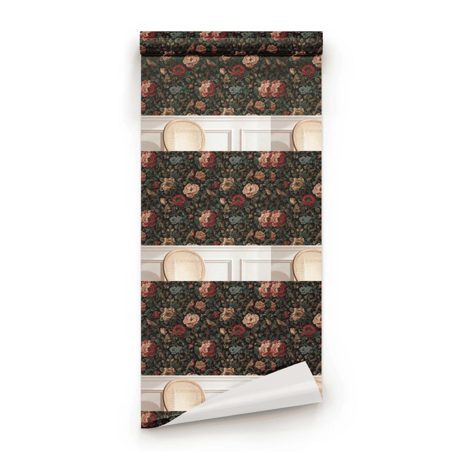 Black Floral Wallpaper roll close-up showing the bird-and-floral drawing in close deep black dark academia Victorian detail