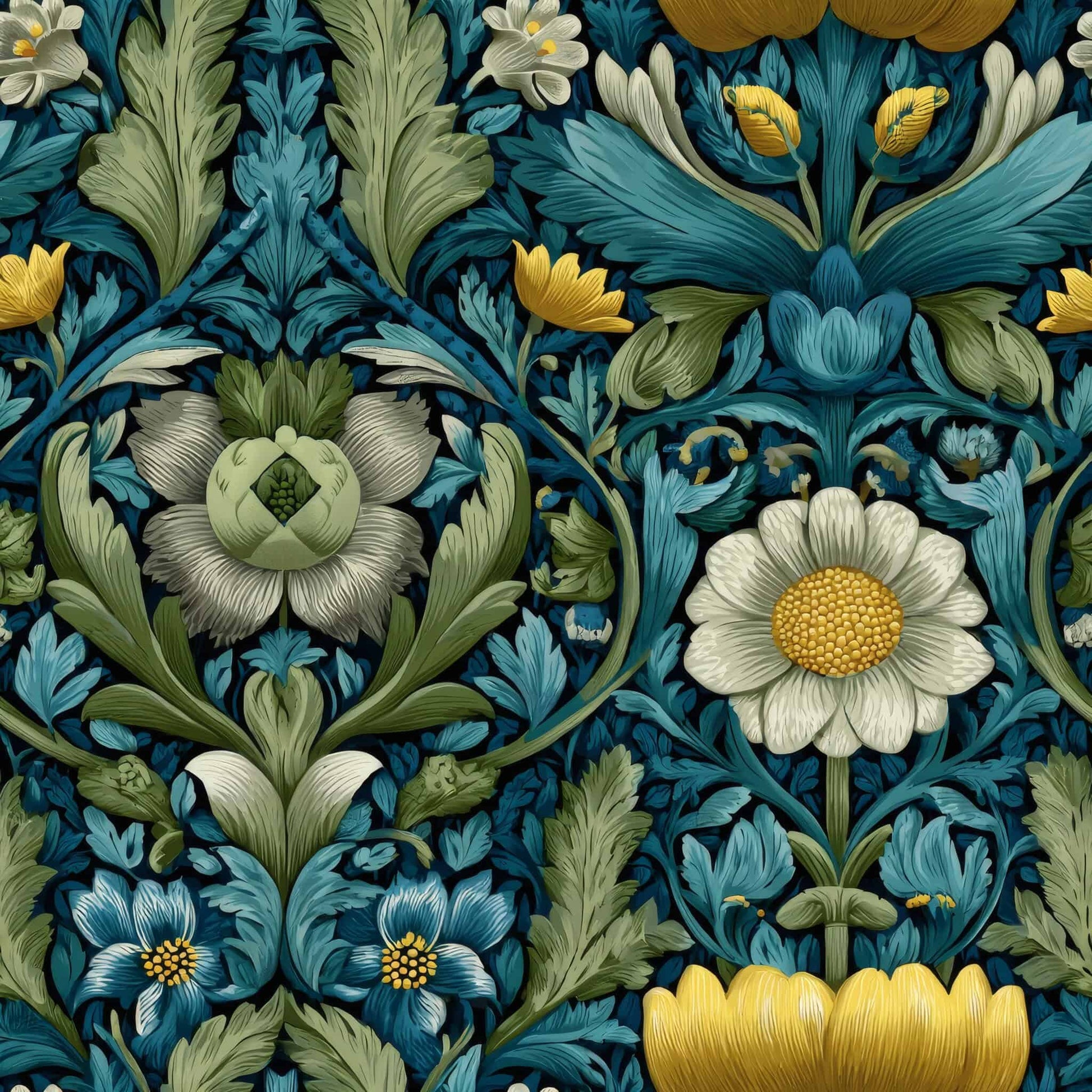 Intricate floral wallpaper in rich blues, greens, and golds with classic botanical motifs.
