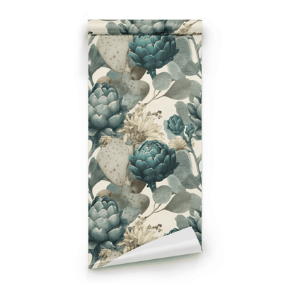 Green Floral Wallpaper roll close-up showing the thistle drawing in close deep teal Arts and Crafts detail