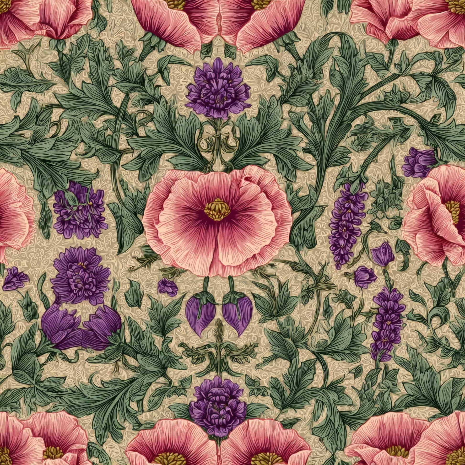Intricate floral wallpaper with pink and purple flowers on a tan background.