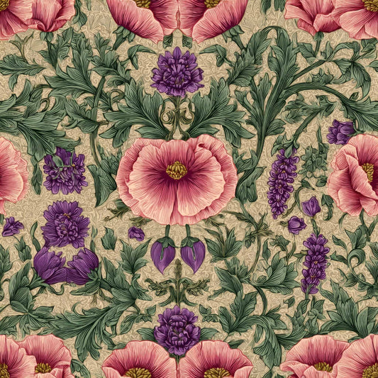 Intricate floral wallpaper with pink and purple flowers on a tan background.