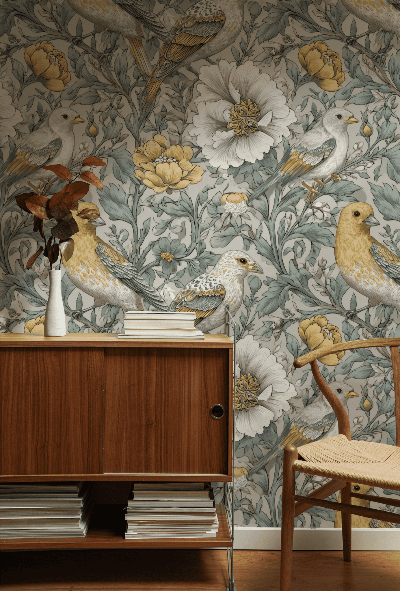 A wooden sideboard and chair sit before Meadow Serenade Wallpaper, its illustrated birds and large flowers in muted hues evoking pastoral elegance; a vase with dried leaves rests atop the sideboard.