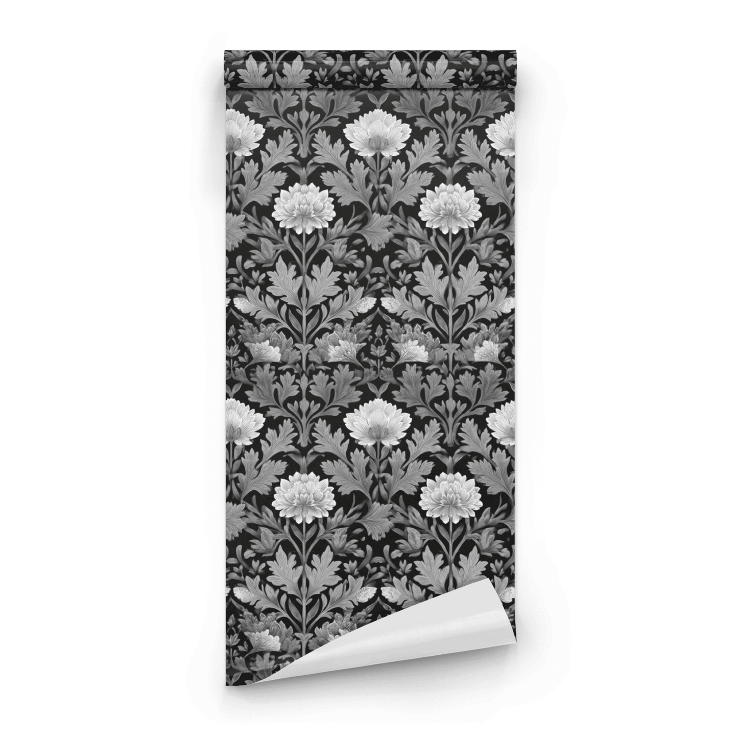 Black Floral Wallpaper roll preview showing the moody grove floral drawing in black monochrome dark botanical detail