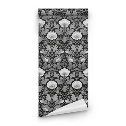 Black Floral Wallpaper roll preview showing the moody grove floral drawing in black monochrome dark botanical detail