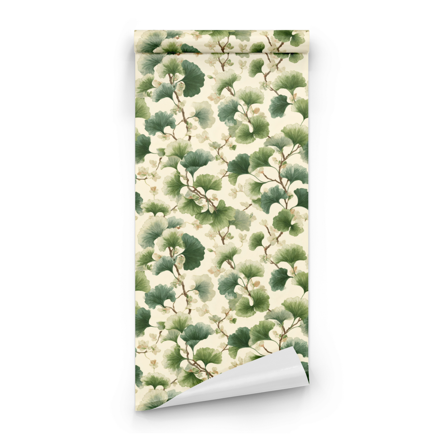 Green Botanical Wallpaper roll preview showing the fan botanical drawing in close verdant green Arts and Crafts detail