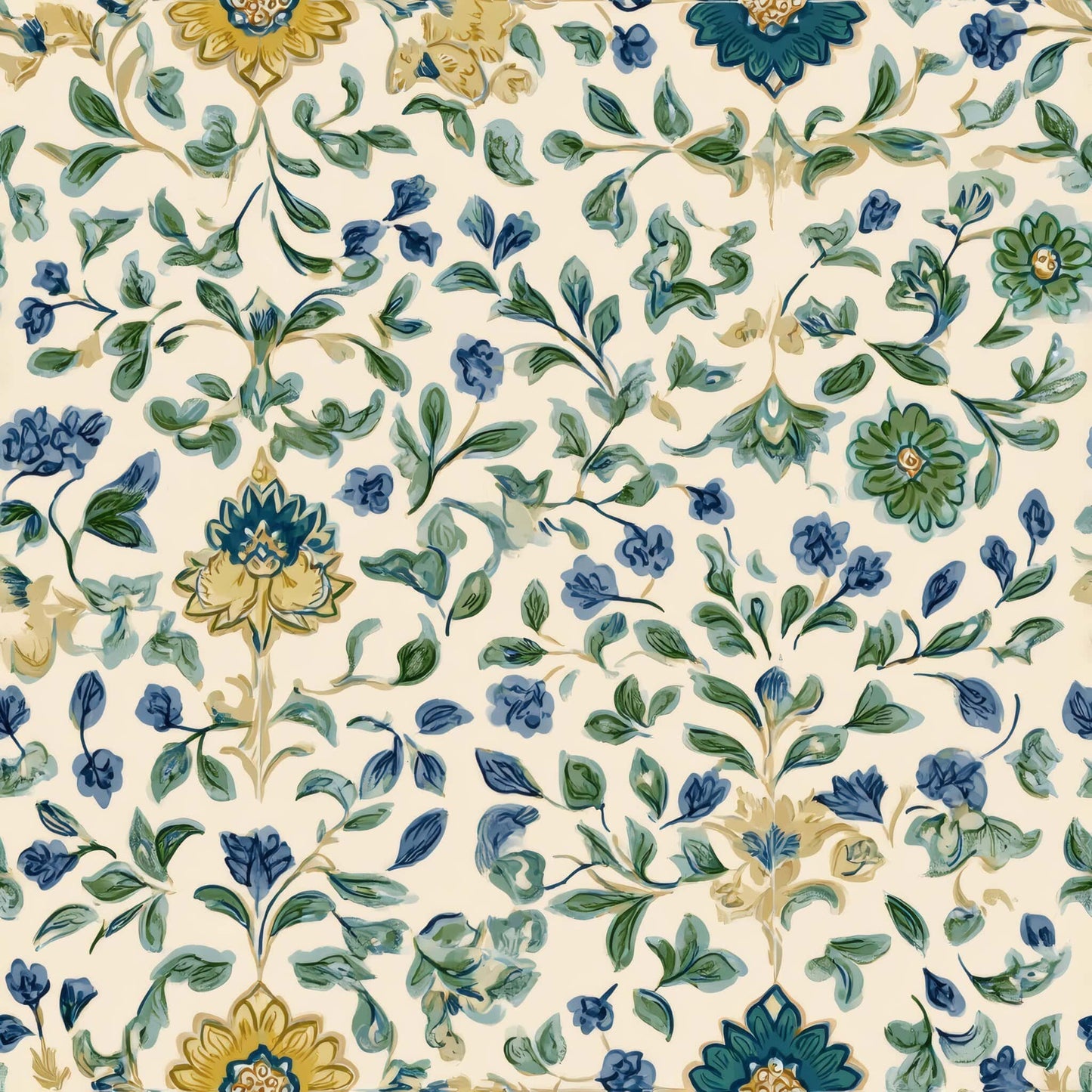 Floral wallpaper with blue and green flowers and leaves on a cream background.