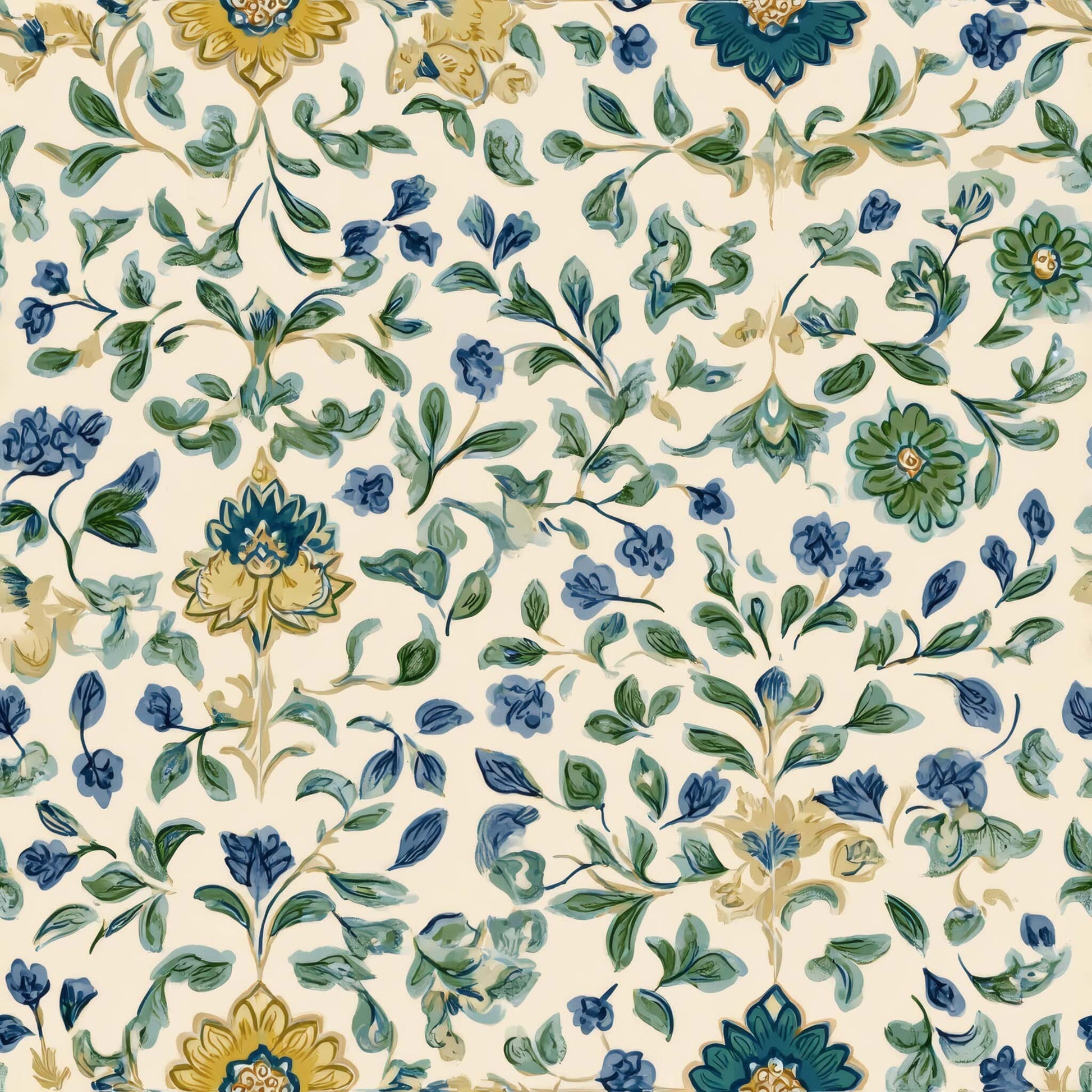 Floral wallpaper with blue and green flowers and leaves on a cream background.