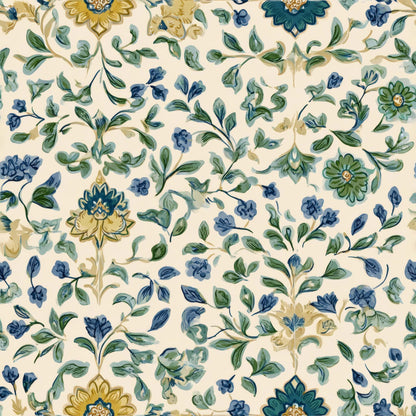 Floral wallpaper with blue and green flowers and leaves on a cream background.