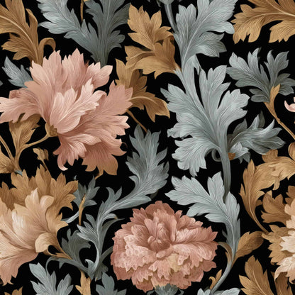Floral wallpaper with muted pink, gold, and silver leaves on a black background.