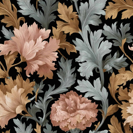 Floral wallpaper with muted pink, gold, and silver leaves on a black background.