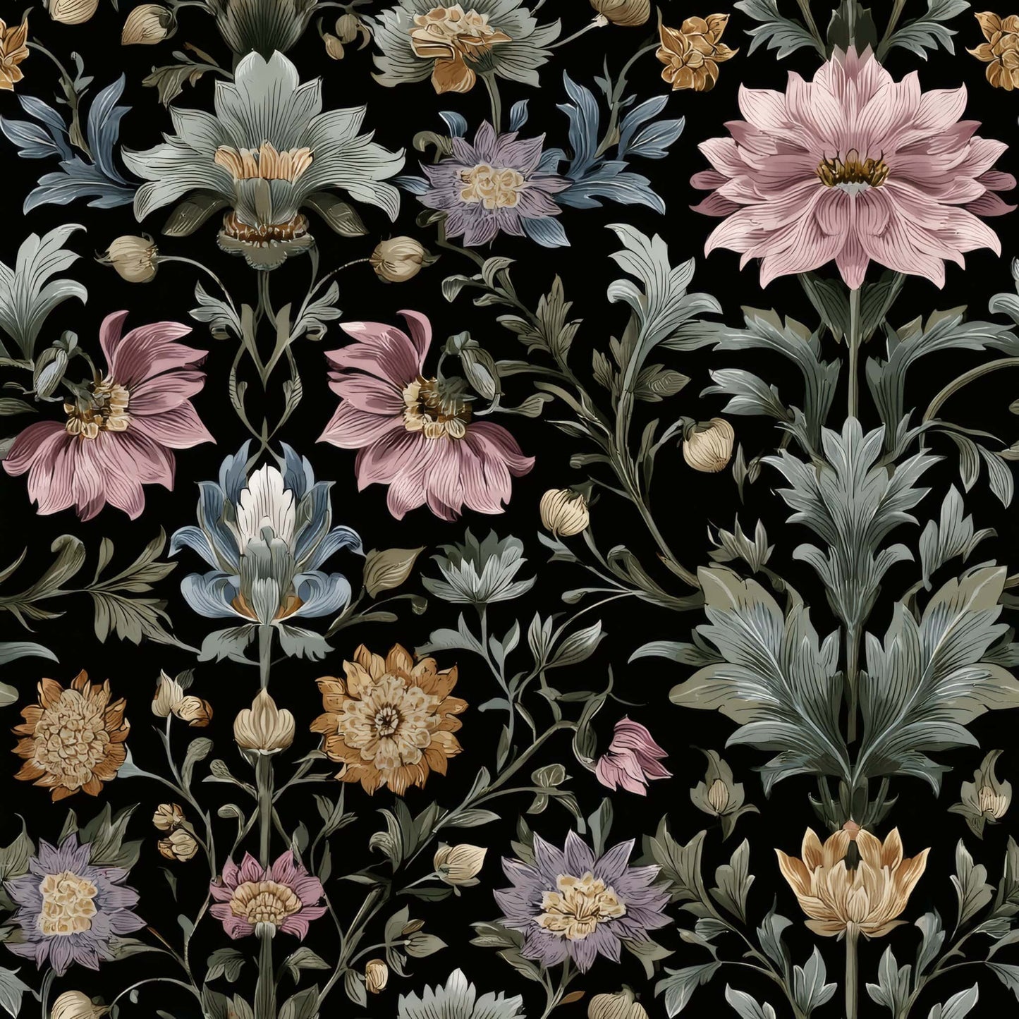 Floral pattern wallpaper with pink, blue, and orange flowers on a black background.