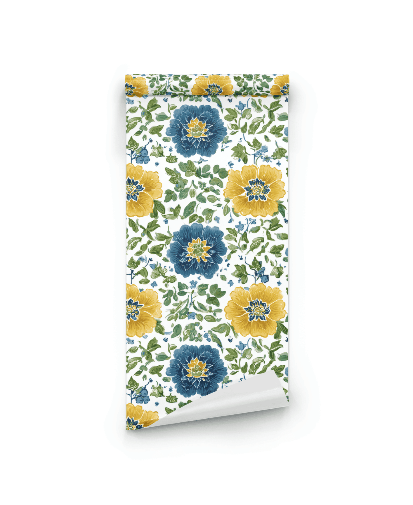 Floral Harmony Wallpaper is a roll of blue and yellow floral wallpaper with large flowers and green leaves on a white background—perfect for bringing fresh floral motifs to any space.