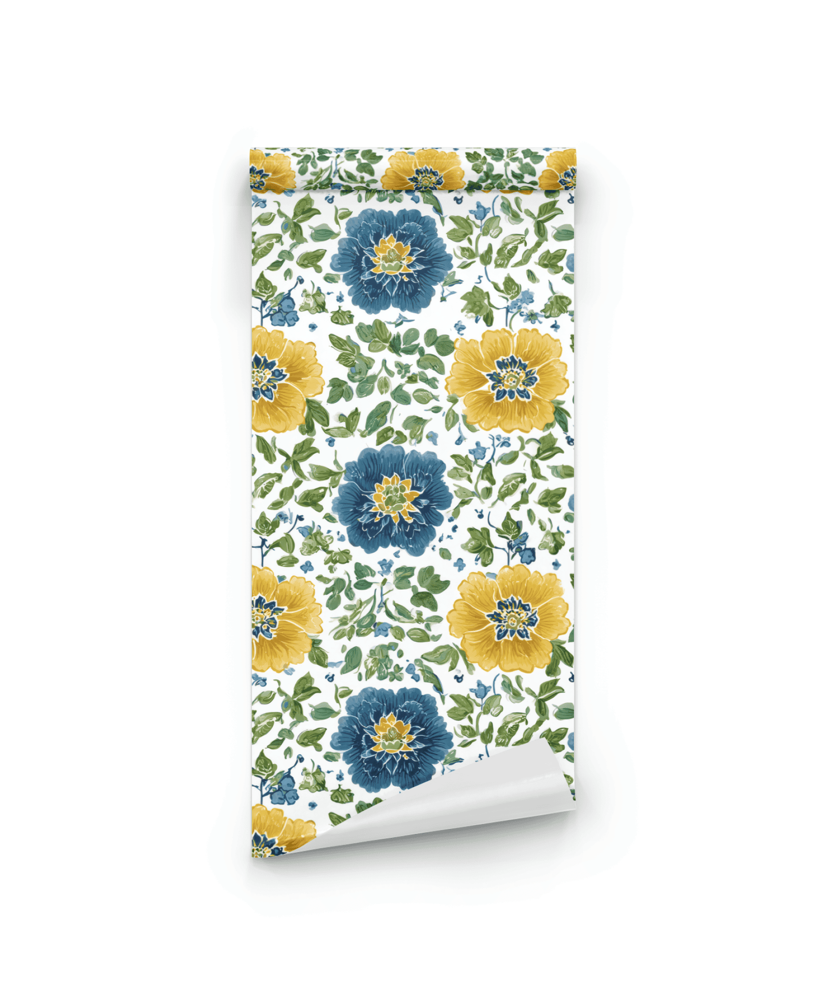 Floral Harmony Wallpaper is a roll of blue and yellow floral wallpaper with large flowers and green leaves on a white background—perfect for bringing fresh floral motifs to any space.