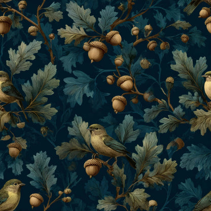Wallpaper featuring birds, oak leaves, and acorns on a deep blue background.