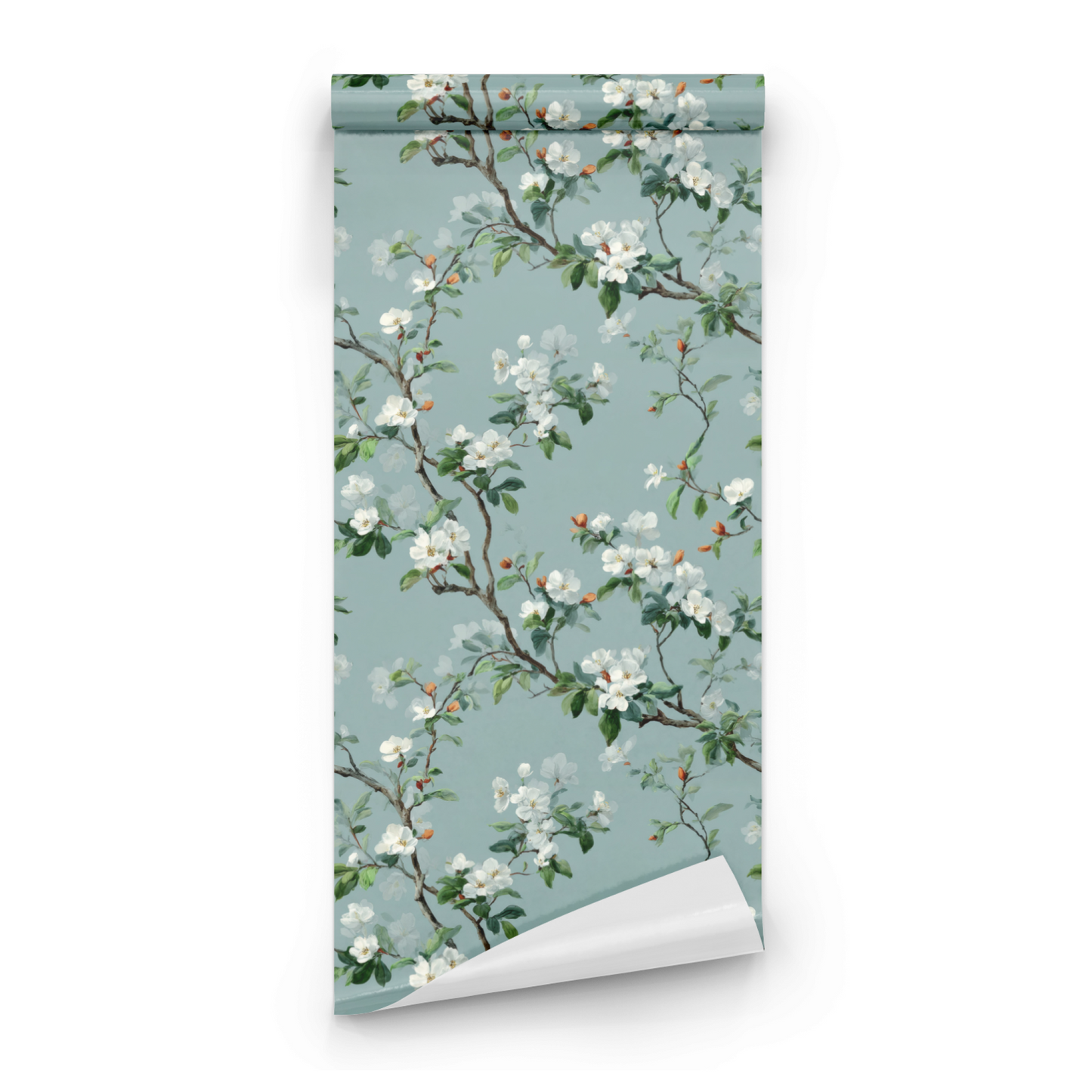 Green Floral Wallpaper roll close-up showing the winter bloom drawing in close soft green watercolor detail
