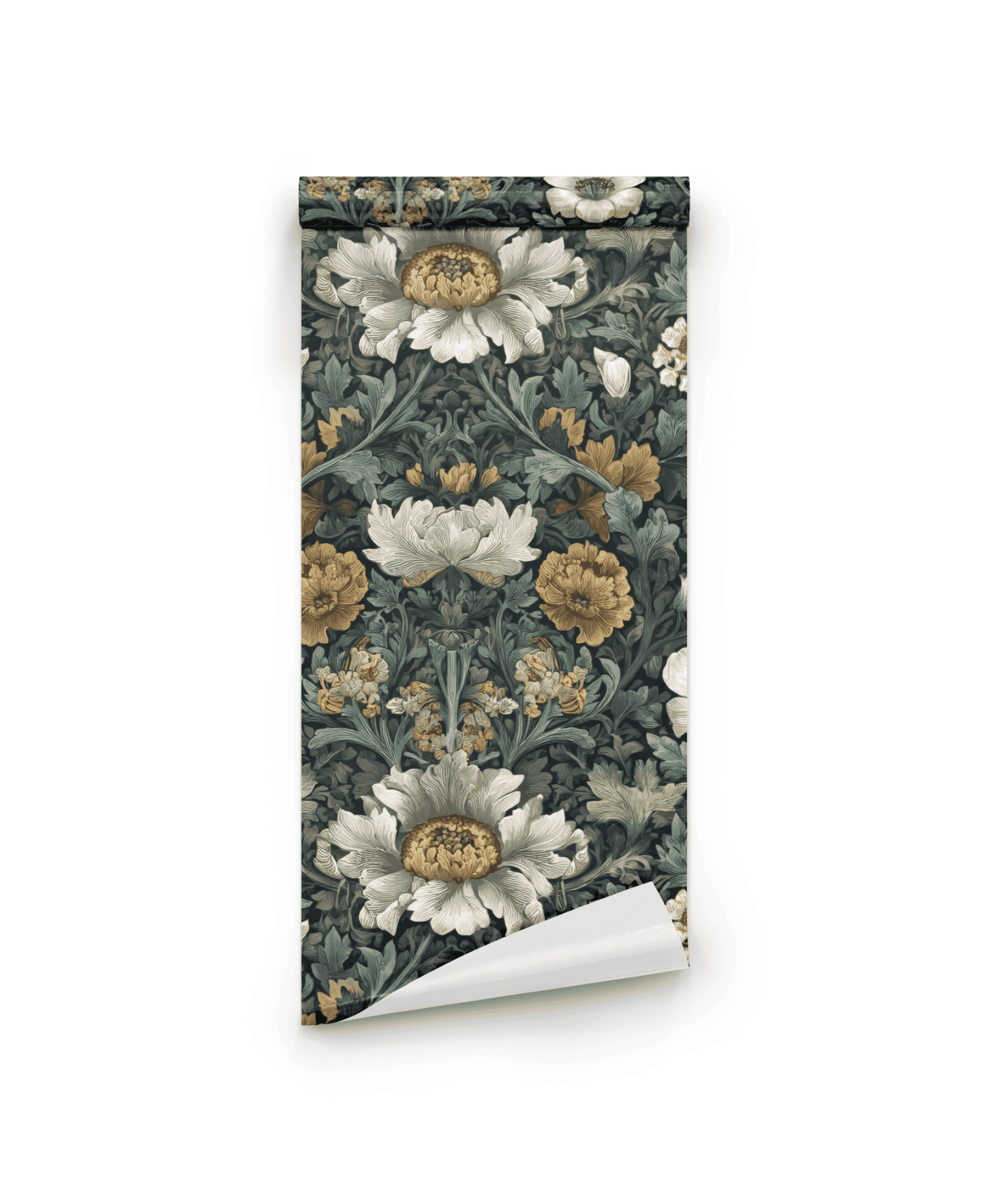 Elysian Flora Wallpaper features a detailed floral pattern with large white and yellow flowers and green leaves on a dark background, adding timeless elegance to your space.