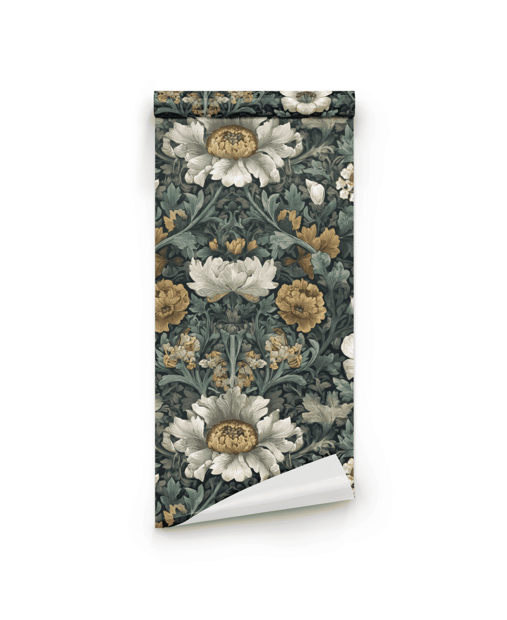 Elysian Flora Wallpaper features a detailed floral pattern with large white and yellow flowers and green leaves on a dark background, adding timeless elegance to your space.
