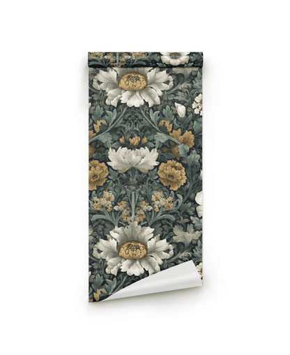 Elysian Flora Wallpaper features a detailed floral pattern with large white and yellow flowers and green leaves on a dark background, adding timeless elegance to your space.