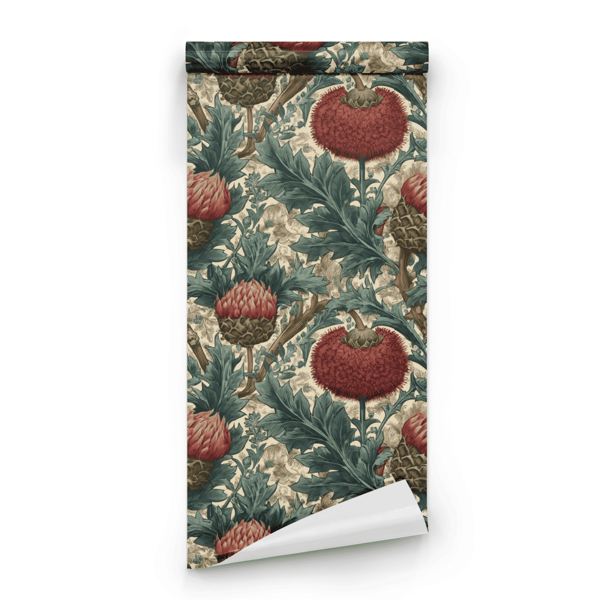 Celadon Lotus roll close-up showing the lotus floral drawing in close deep green Arts and Crafts Victorian detail