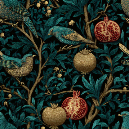Detailed wallpaper with emerald foliage, golden birds, and pomegranates on a dark background.