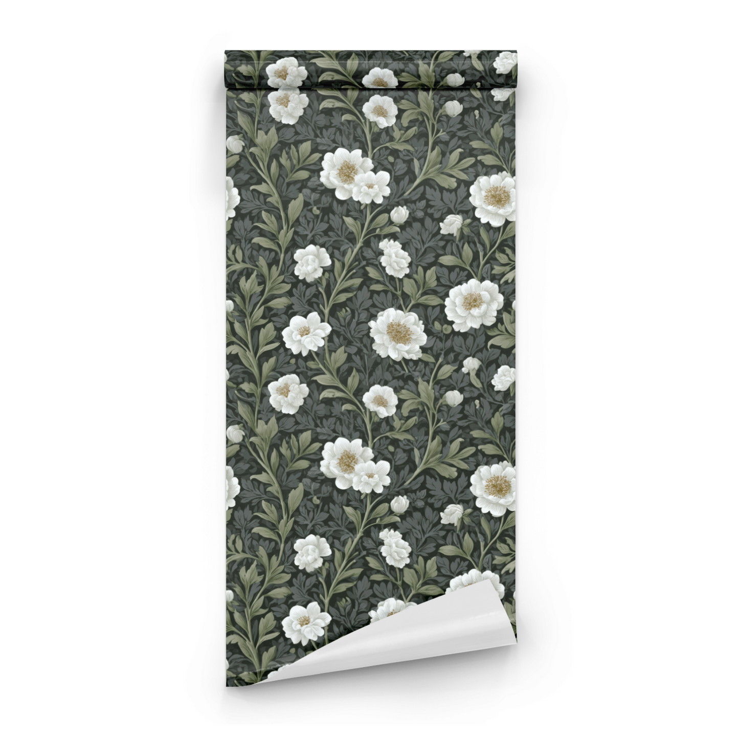 Green Floral Wallpaper roll close-up showing the peony floral drawing in deep green moody dark botanical detail