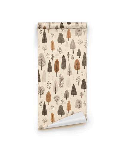 Whispering Woods Wallpaper features a minimalist tree tapestry with stylized trees in earthy brown, orange, and beige on a light background—ideal for creating a serene forest-inspired space.
