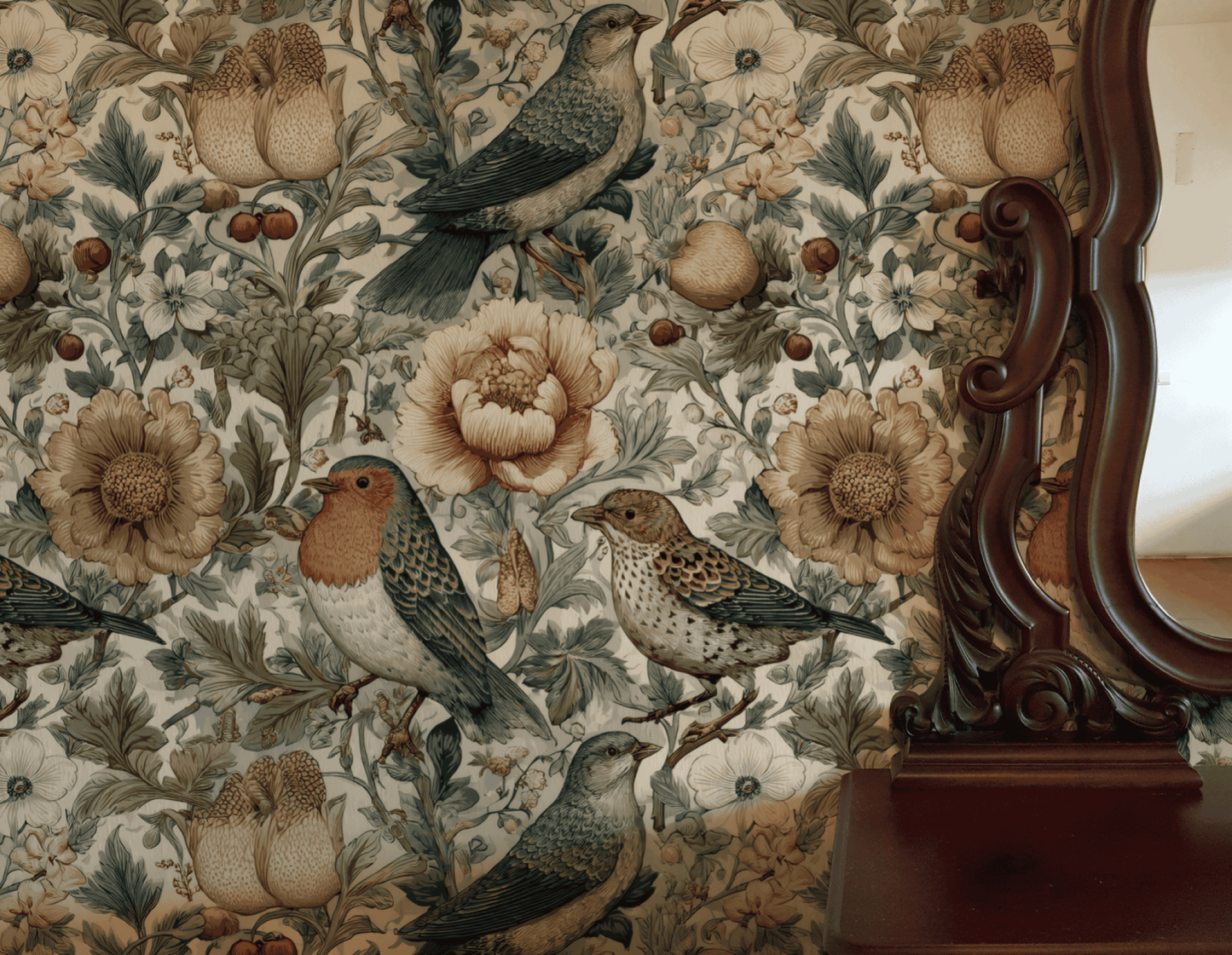 Garden Serenade Wallpaper showcases birds and flowers in muted tones, creating a serene nature-inspired effect, with part of a dark wooden furniture piece visible on the right side.