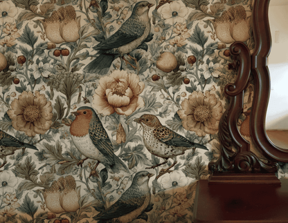 Garden Serenade Wallpaper showcases birds and flowers in muted tones, creating a serene nature-inspired effect, with part of a dark wooden furniture piece visible on the right side.