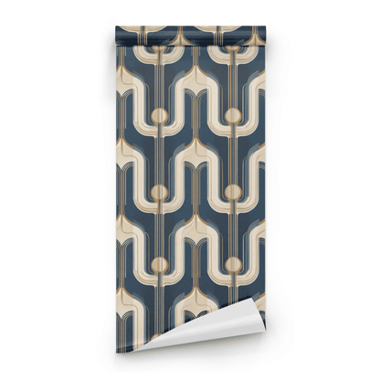 Blue Geometric Wallpaper roll close-up showing the Art Deco geometric drawing in close deep navy detail