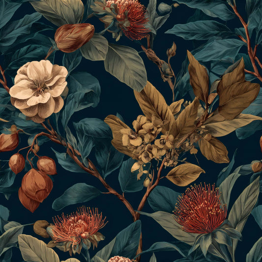 Dark botanical wallpaper with green leaves and vibrant red and gold flowers.