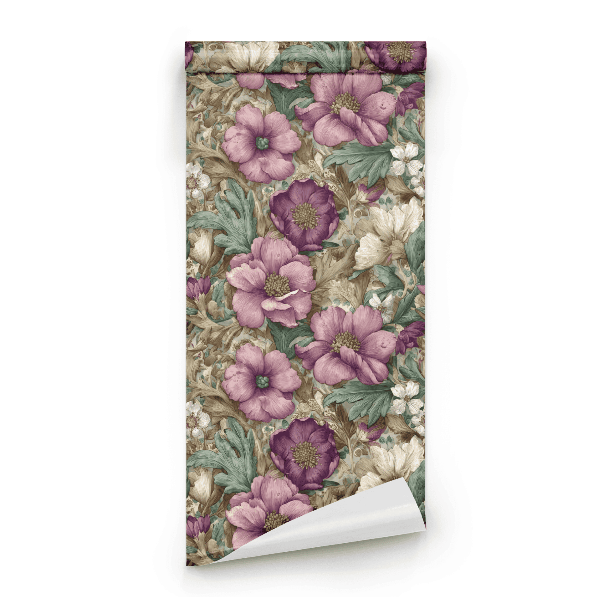 Green Floral Wallpaper roll close-up showing the filigree drawing in close mauve-and-green Victorian detail
