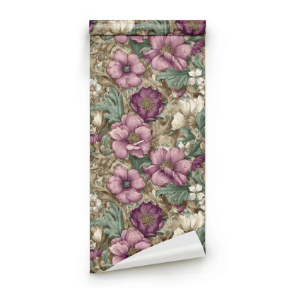 Green Floral Wallpaper roll close-up showing the filigree drawing in close mauve-and-green Victorian detail