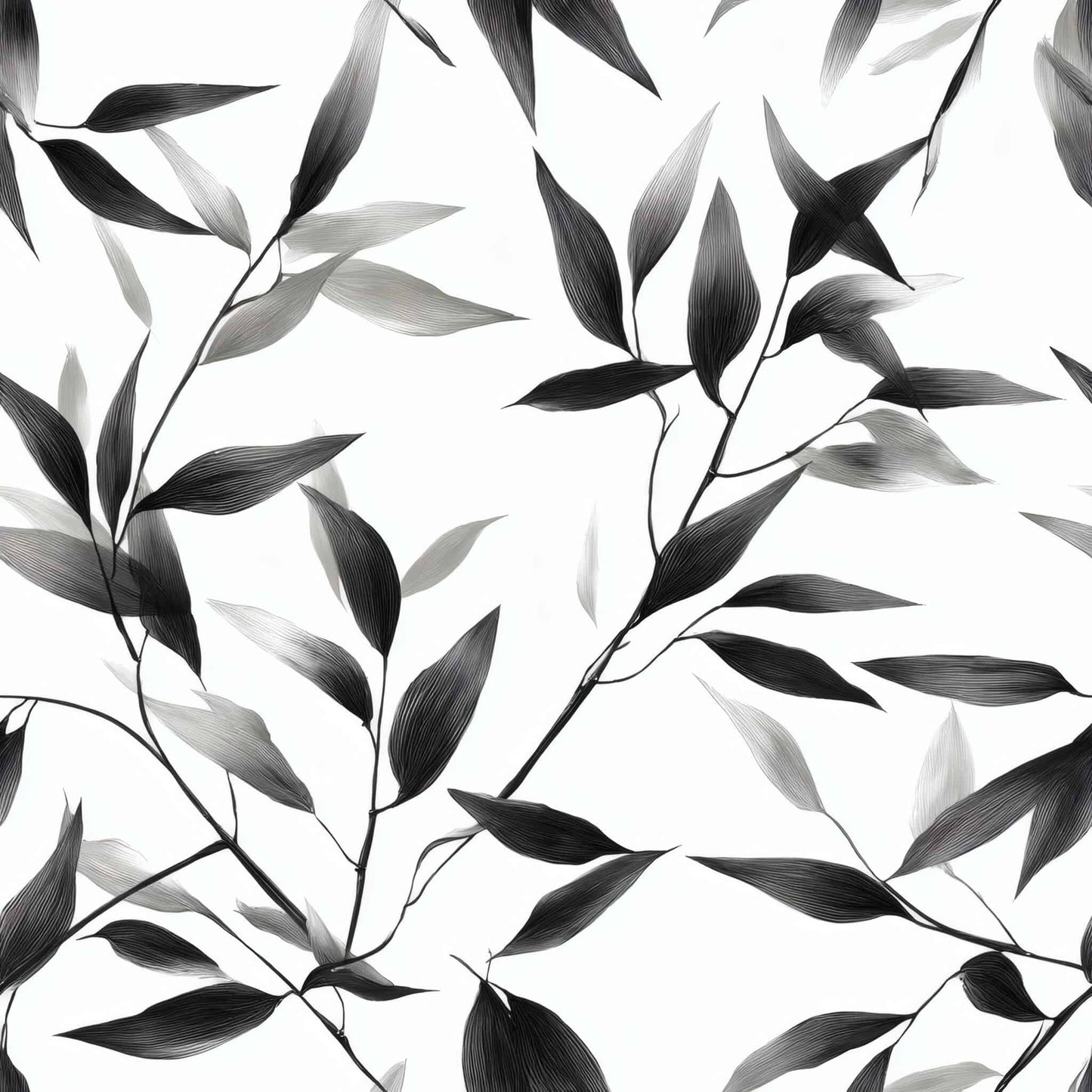Monochrome wallpaper with black and white leaf pattern creating a sophisticated look.