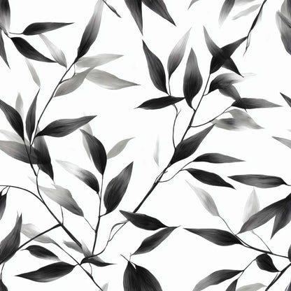 Monochrome wallpaper with black and white leaf pattern creating a sophisticated look.
