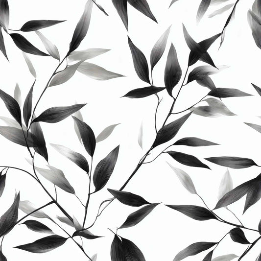 Monochrome wallpaper with black and white leaf pattern creating a sophisticated look.