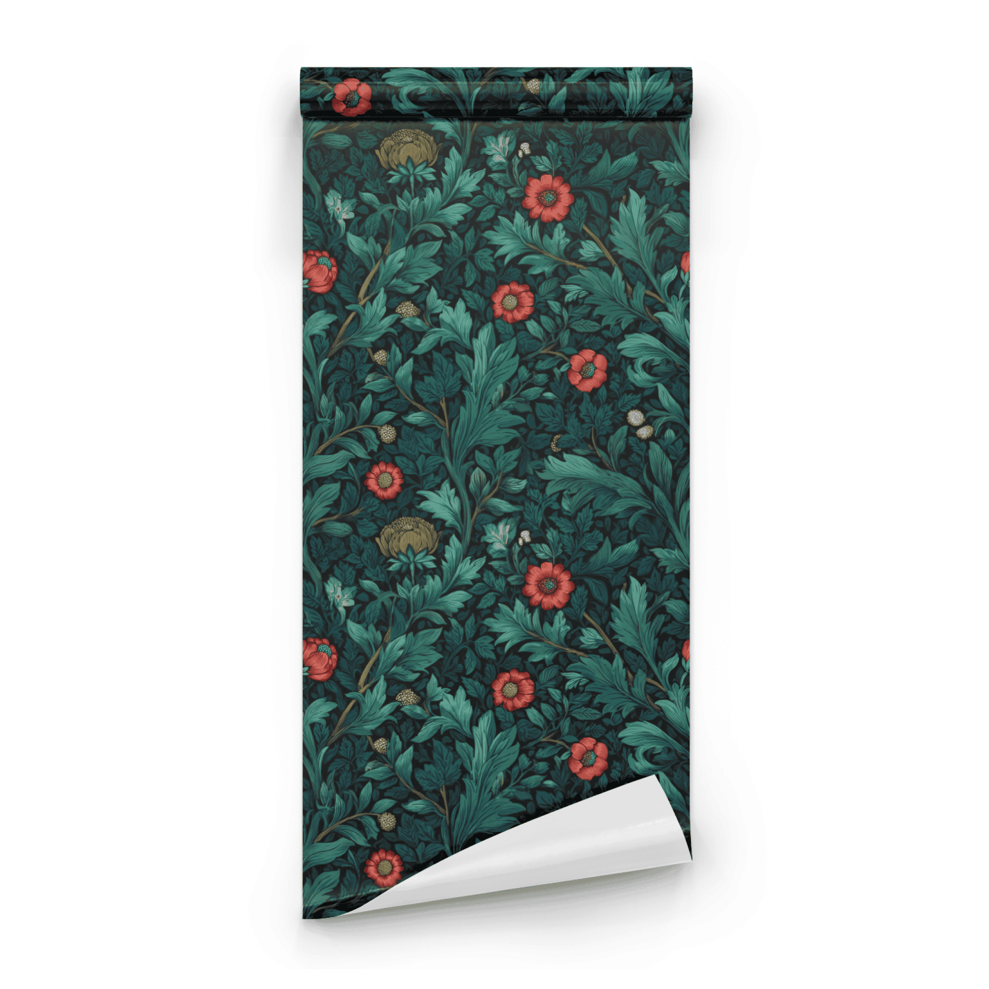 Green Floral Wallpaper roll preview showing the poppy drawing in close deep teal Arts and Crafts Victorian detail