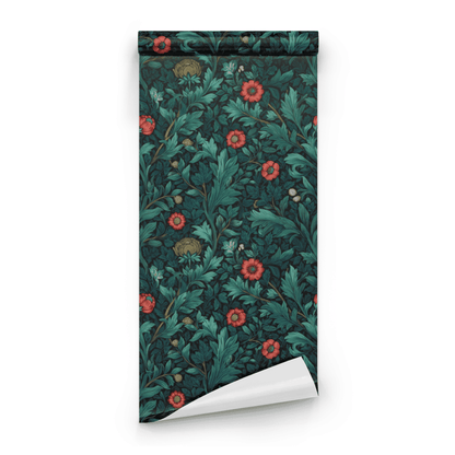 Green Floral Wallpaper roll preview showing the poppy drawing in close deep teal Arts and Crafts Victorian detail