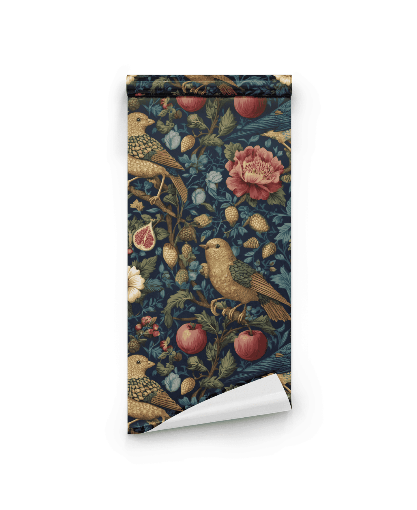 Ornithic Blossom Wallpaper features blooming florals, vibrant birds, figs, strawberries, and pomegranates on a dark background for a timeless vintage-style look.